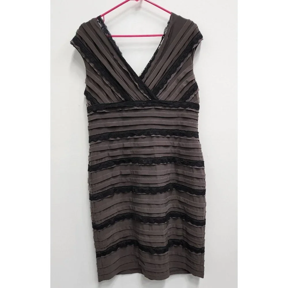 Adrianna Papell Womens Cocktail Dress Size 14 Brown Flat Ruffle Lace Surplice - Picture 1 of 10